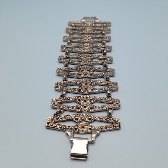 Vintage Art Deco Faux Marcasite Rhinestone Wide Bracelet, 7 1/4 Inches, 1980s - Picture 7 of 9
